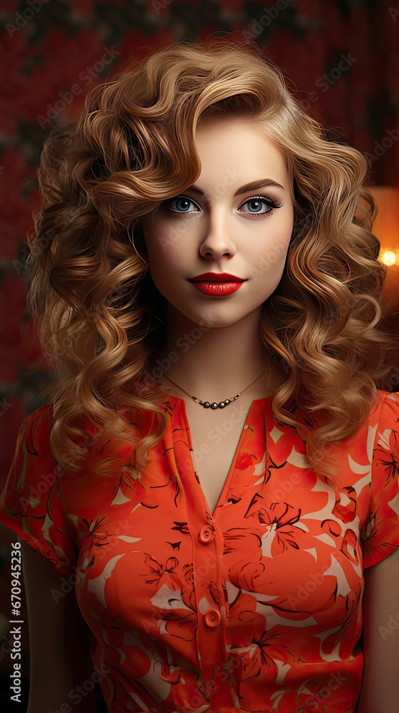 Fototapeta premium Beautiful smiling woman with long wavy hair. Girl curly hairstyle and red manicure nails. Beauty,makeup and cosmetics. Model illustration. Generative AI