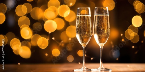 New Year's champagne toast under shimmering LED and bokeh lights.