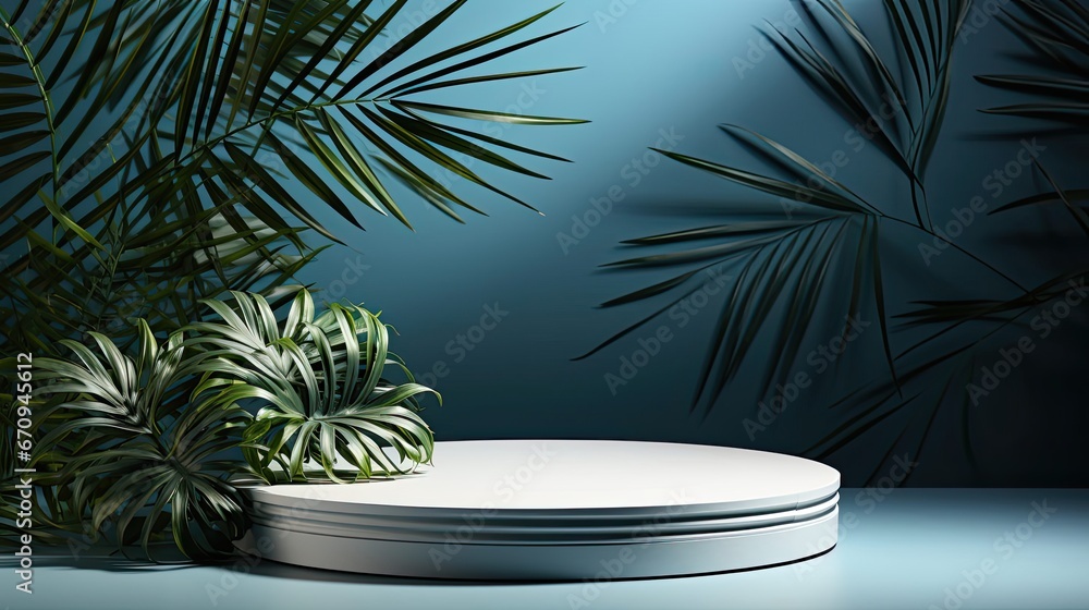 White table and abstract geometric wall background with flowers and palm leaves shadows overlay. Abstract gray studio background for product presentation. Generative AI art White table and abstract geometric wall background with flowers and palm leaves shadows overlay. Abstract gray studio background for product presentation. Generative AI art