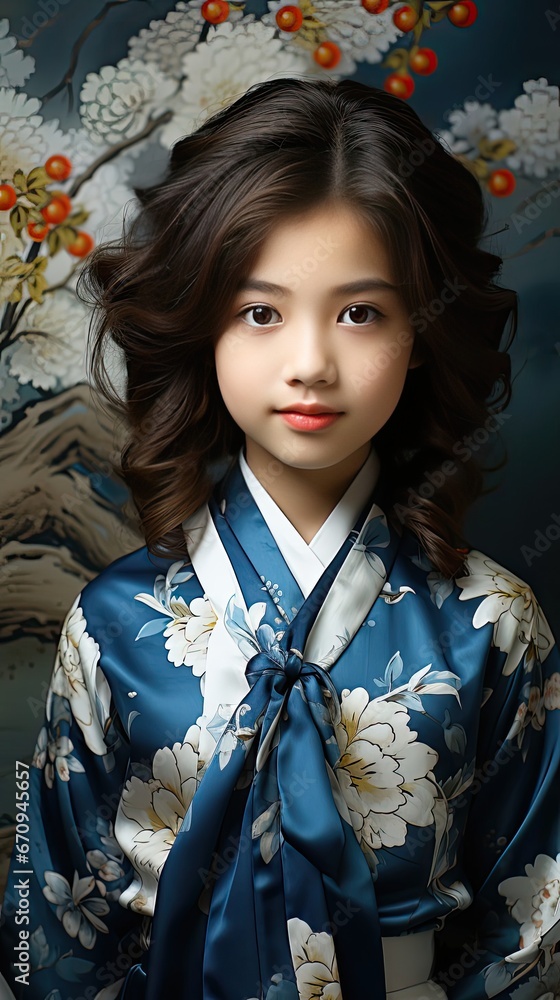 Image of Asian child posing on background. People portrait illustration. Generative AI Image of Asian child posing on background. People portrait illustration. Generative AI