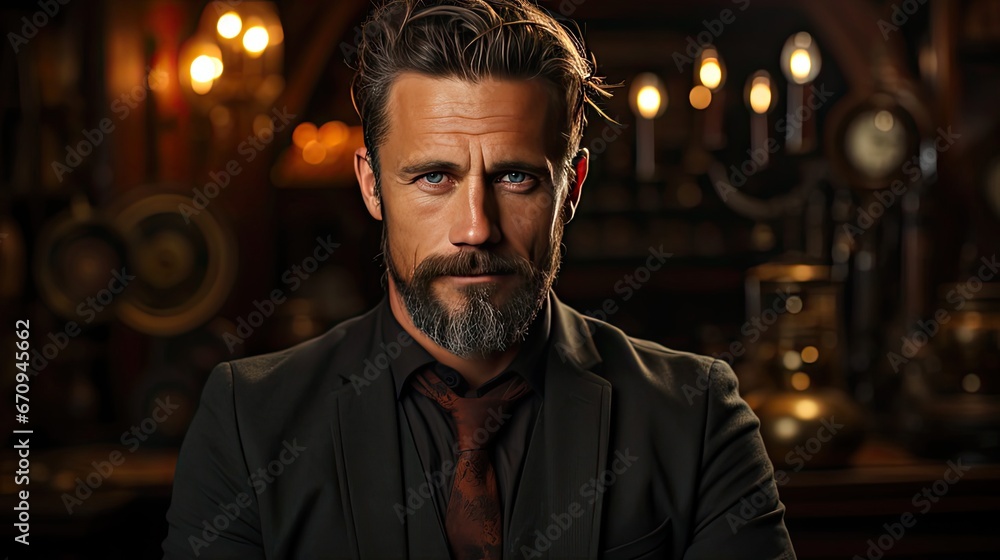 Serious middle-aged man with folded arms and a deadpan expression posing in front of background. Man portrait illustration. Generative AI Serious middle-aged man with folded arms and a deadpan expression posing in front of background. Man portrait illustration. Generative AI
