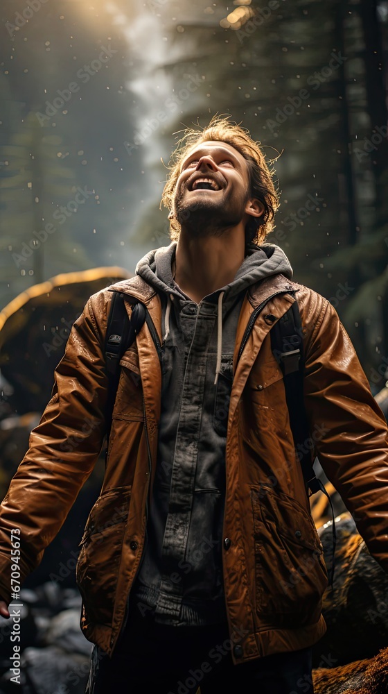 Happy man standing on road in front of trees. Man portrait illustration. Generative AI Happy man standing on road in front of trees. Man portrait illustration. Generative AI
