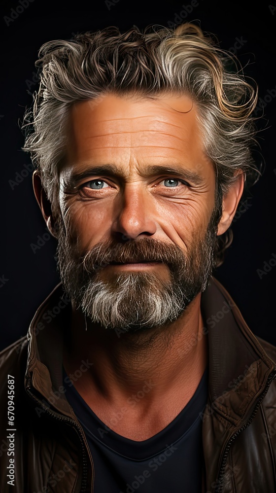 Fototapeta premium Portrait of smiling mature man standing on background. Model portrait illustration. Generative AI