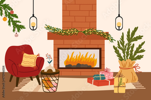 Christmas Living room modern interior. Fireplace, armchair with pillow, Christmas garland, Christmas tree, gifts, holiday decor. Vector illustration of furniture for house isolated on white background