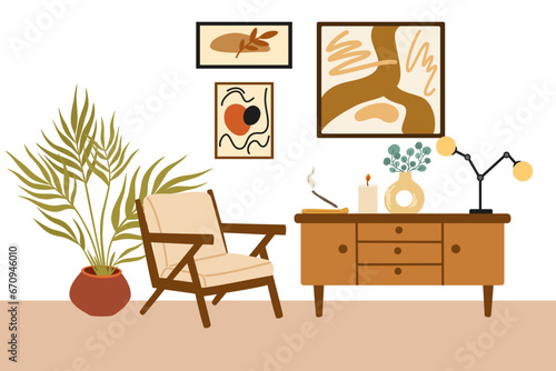Living room modern interior. Furniture, armchair, house plant, chest of drawers, painting and lamp. Vector illustration of furniture for house isolated on white background.