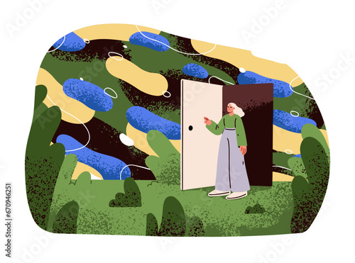 Psychology concept. Person opening door, exploring new life experience, looki...