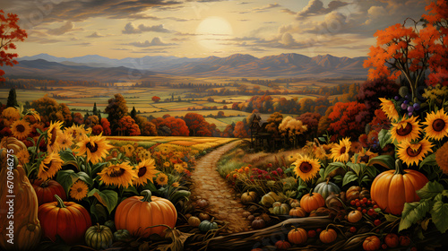Fall in love with the bountiful colors of autumn as farmers harvest amidst golden fields. This highly detailed banner encapsulates the epic essence of the season. photo