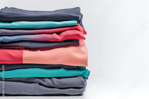 Colored multi-colored T-shirts lie in a stack.
