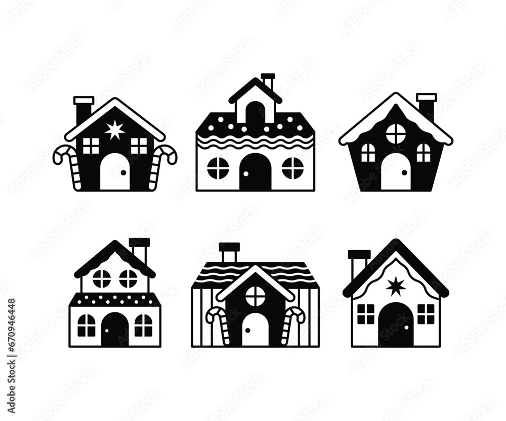 set of houses winter christmas decoration icons vector design collections black white simple modern style isolated