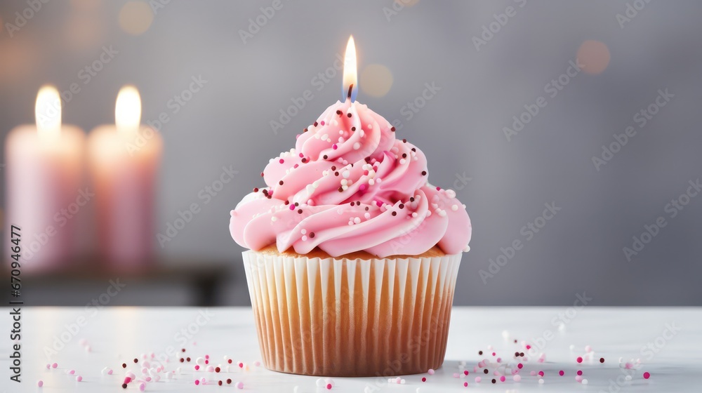 Indulge in the delight of a scrumptious birthday cupcake elegantly displayed on a table against a soft, light background. Indulge in the delight of a scrumptious birthday cupcake elegantly displayed on a table against a soft, light background.