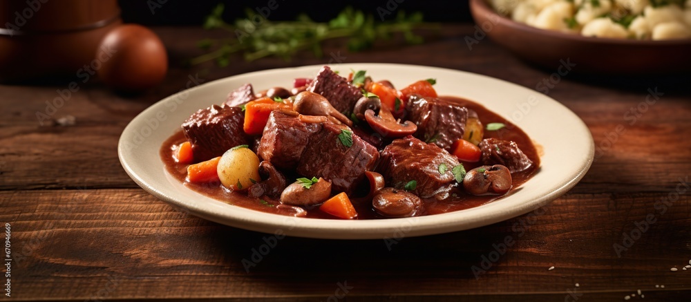 Beef Bourguignon served on a wooden dining table Beef Bourguignon served on a wooden dining table
