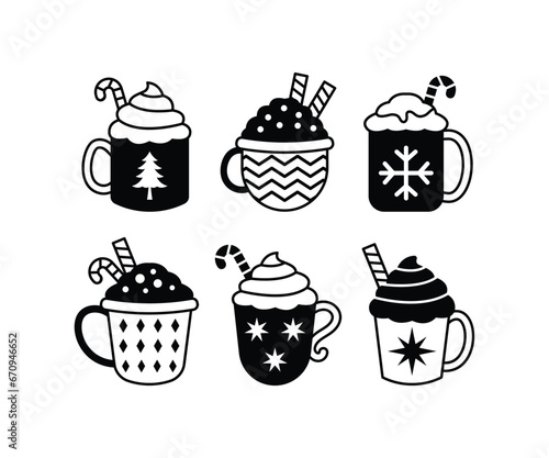 set of christmas hot chocolate cakes cupcakes icon vector design collections black white simple modern style element isolated 