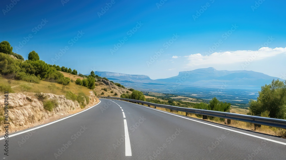 An AI illustration of highway in front of mountains and greenery during daytime photo An AI illustration of highway in front of mountains and greenery during daytime photo