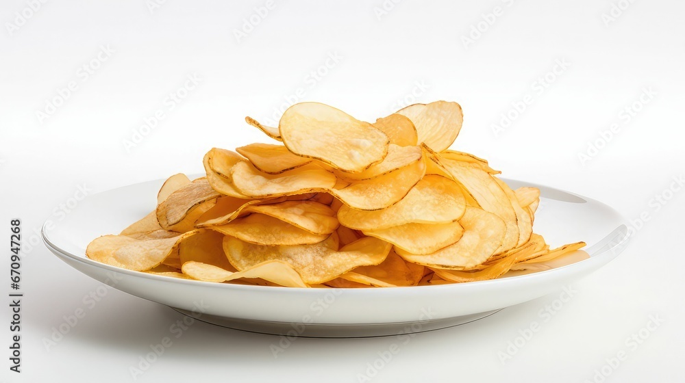 bowl of potato chips against a white background with room for text - obrazy, fototapety, plakaty 