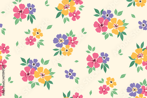 Seamless floral pattern, liberty ditsy print with simple summer meadow. Cute botanical design, colorful decor: small hand drawn daisy flowers, tiny leaves, bouquets on a white background. Vector.