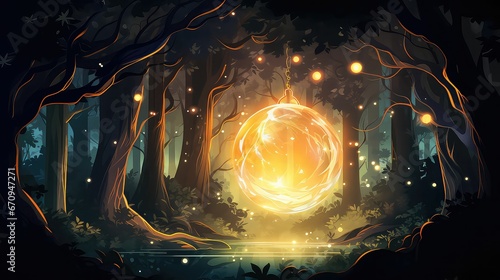 the flame on a orb is in a forest, surrounded by trees photo