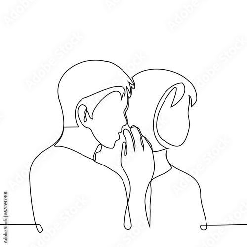man whispers something in a woman's ear, hiding behind his palm - one line art vector. concept whisper, keep secrets