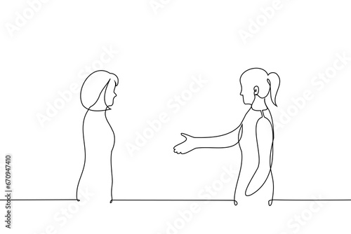 women stand opposite each other. the one extends her hand to another - one line art vector. concept reconcile first, go to a truce, agreement, acquaintance