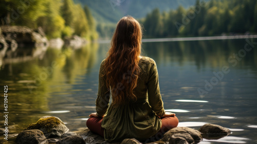 Woman meditating by serene forested lake © ArgitopIA