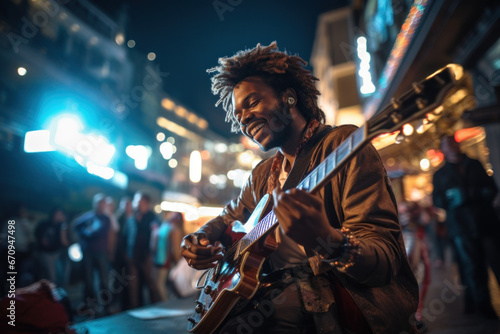Street musician playing guitar at night in city