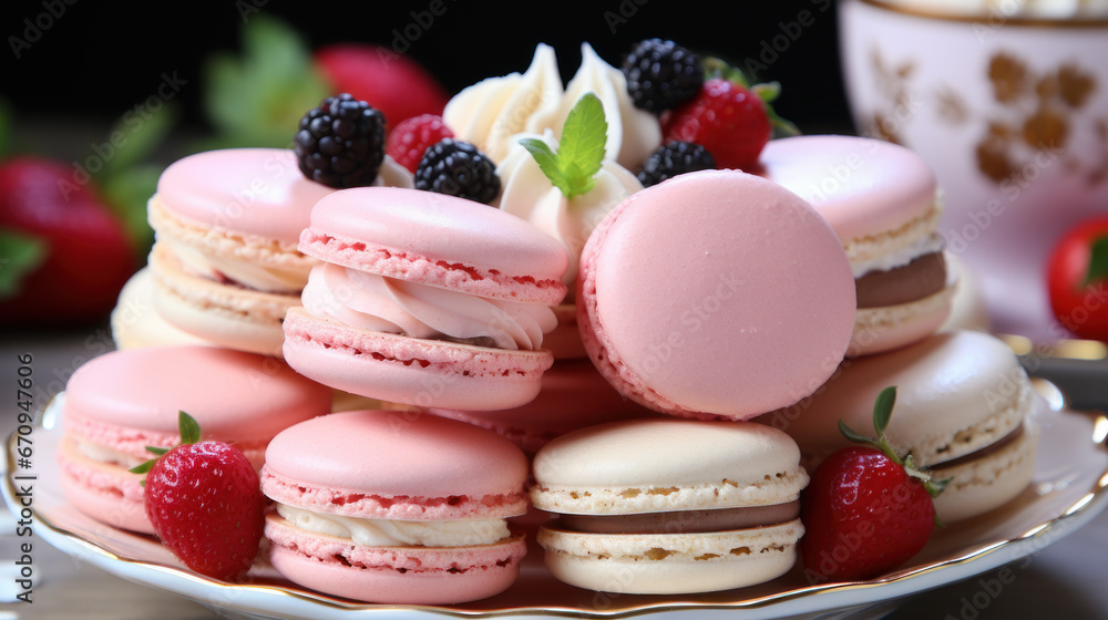 Macarons with fresh berries and cream on plate
