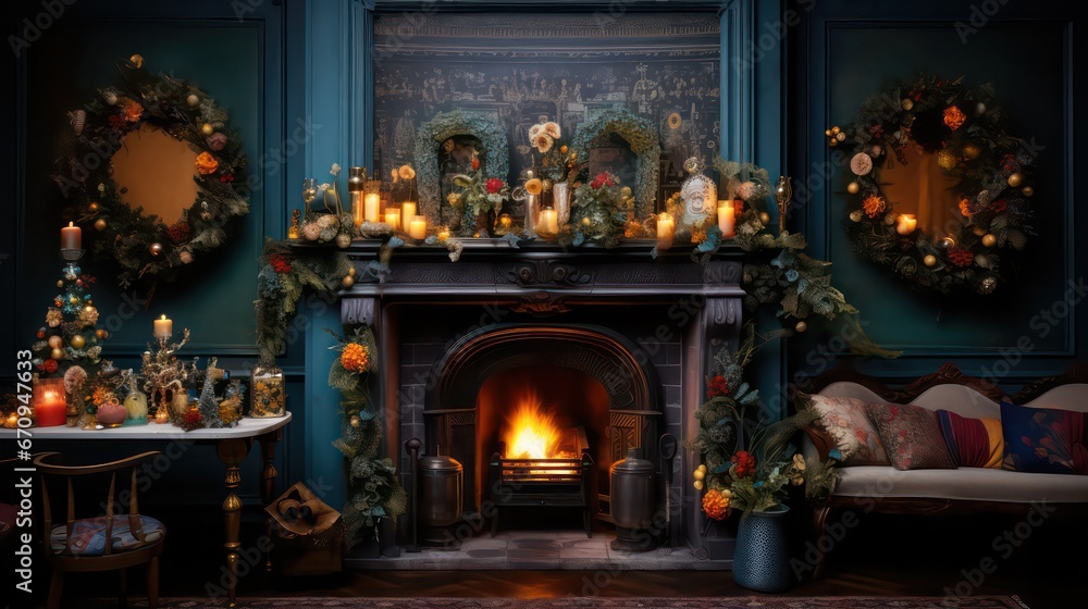 Obraz premium Raise a festive toast by the retro fireplace at the party celebration.