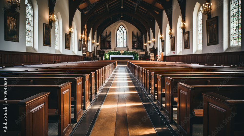 Sunlit church interior with wooden pews