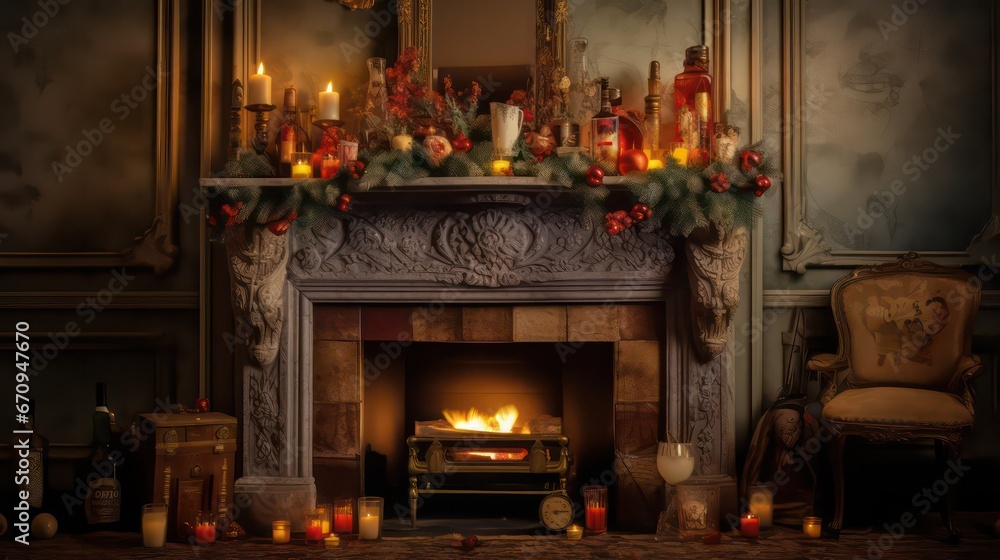 Raise a festive toast by the retro fireplace at the party celebration. Raise a festive toast by the retro fireplace at the party celebration.