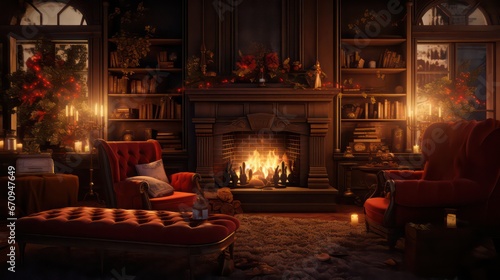 Raise a festive toast by the retro fireplace at the party celebration.