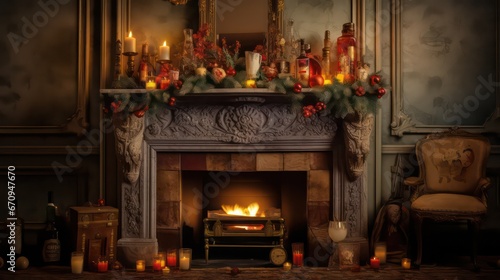 Raise a festive toast by the retro fireplace at the party celebration. © Nattadesh