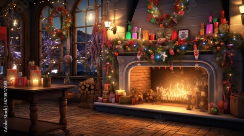 Raise a festive toast by the retro fireplace at the party celebration. © Nattadesh