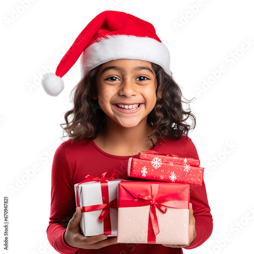 Excited funny Indian latin kid child girl wears Santa Claus isolated on transparent background.