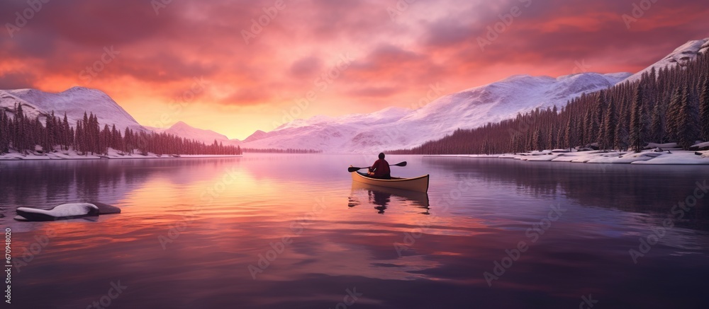 Canoeing on an icy mountainside lake sunset light orange red purple and pink