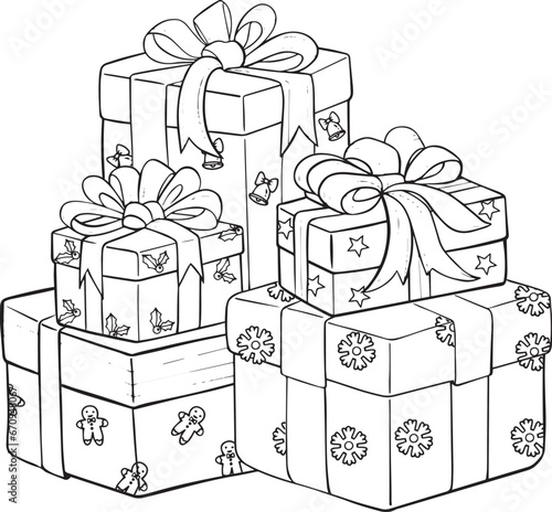 Christmas gifts with bows. Happy New Year and Christmas. Coloring book page for adults and kids.