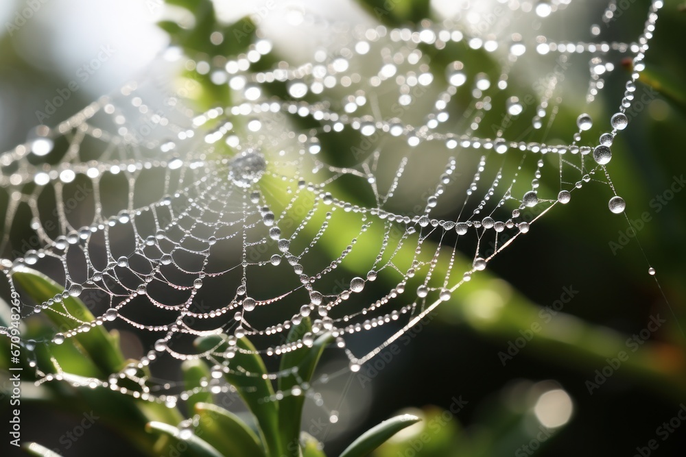 Glistening dewdrops on a spider's web. Sparkling water droplets on a delicate spiderweb.