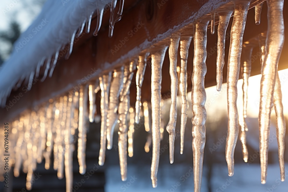 Frozen icicles on a winter morning. Icicles hanging from a roof on a cold and frosty winter day. Frozen icicles on a winter morning. Icicles hanging from a roof on a cold and frosty winter day.