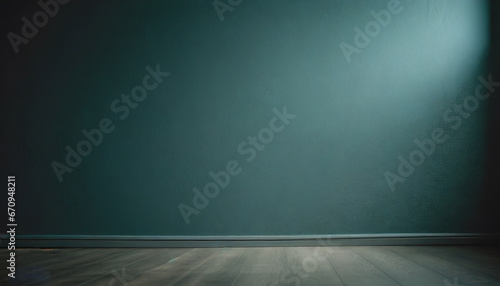 empty room with wall wooden floor and green empty wall lighting from window  space for product presentation 