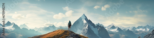Mountain climber surrounded by epic panoramic, snowcapped peaks