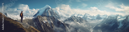 Mountain climber surrounded by epic panoramic, snowcapped peaks photo