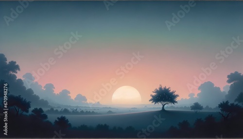 First sunrise in the Garden of Eden. Beautiful landscape with lonely tree on a meadow at sunrise.