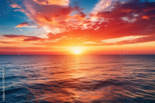Fiery sunset over an ocean horizon. The sun setting in a blaze of orange and red hues over the tranquil sea.