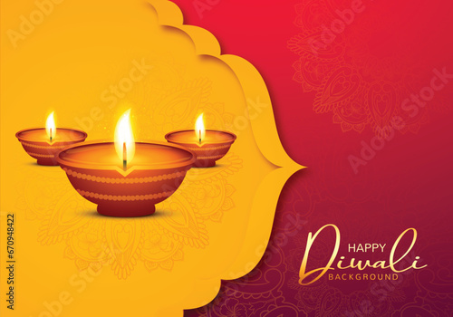 Beautiful diwali greeting card with shiny diya oil lamp background