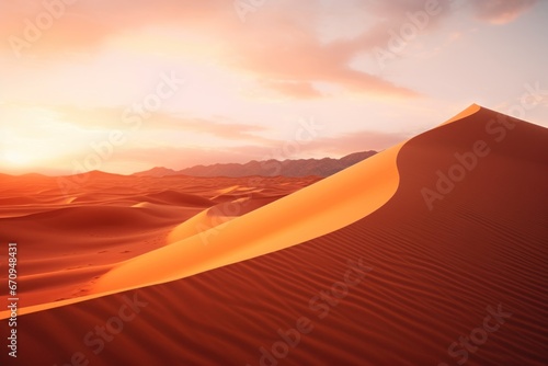 Desert sand dunes at sunset. Majestic sand dunes in the desert bathed in the warm light of the setting sun.