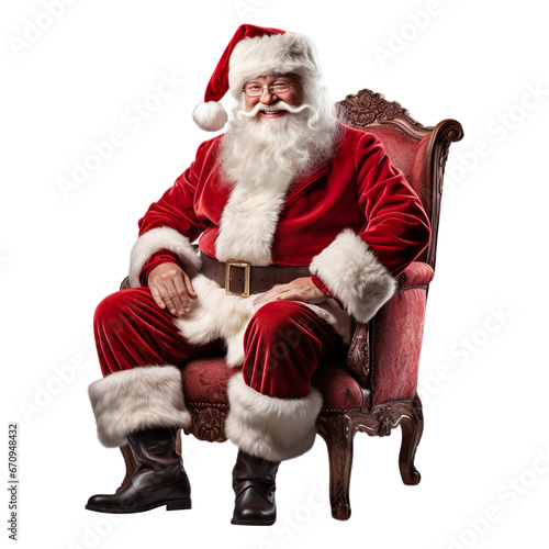 Full body old Santa Claus man 50s in Christmas hat sitting on wooden boss chair isolated on transparent background.