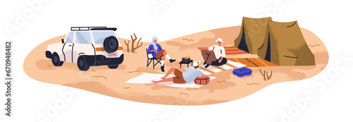 Campers relaxing in sand desert. Tourists friends at camping tents in holiday adventure, travel. Traveler at vacation trip, journey by SUV car. Flat vector illustration isolated on white background