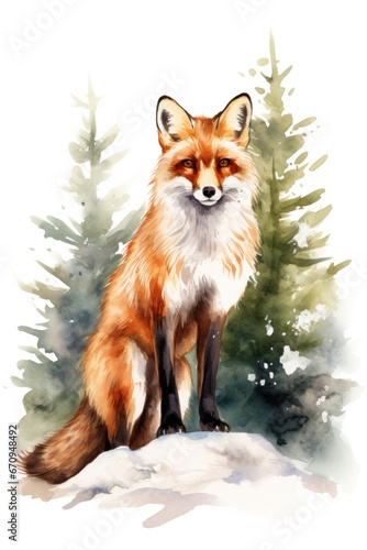 Fox on the background of a fir spruce tree in the forest, postcard in watercolor style