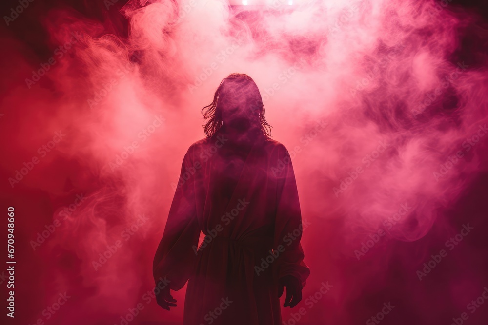 Silhouette of Jesus Christ standing in red smoke Silhouette of Jesus Christ standing in red smoke