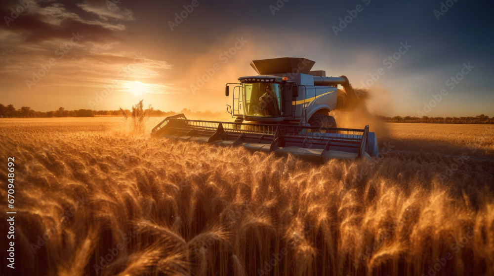 Fototapeta premium A big combine harvester harvesting wheat from a farmer's fields.