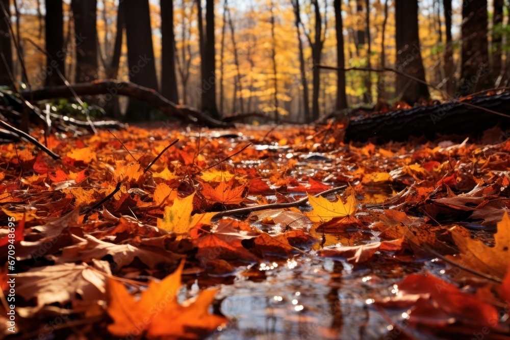 Autumn leaves in a vibrant forest. Colorful fall foliage on the forest floor.