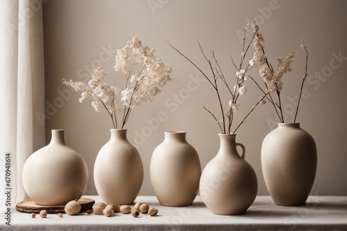 Ceramic vases with dried flowers on shelf on grey background
